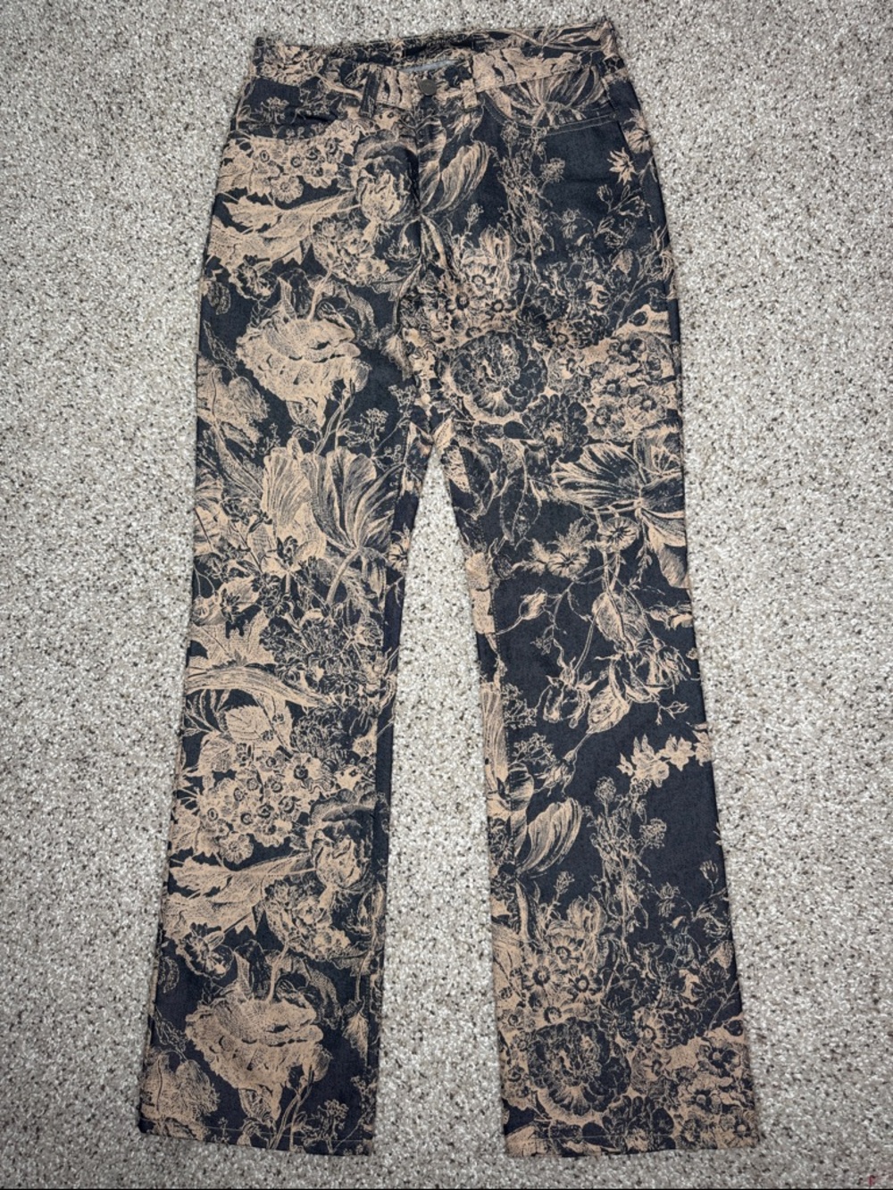 GF FERRE Denim Jean Trousers Floral Print Black and Tan